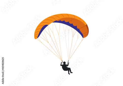 Paraglider Soaring with Orange and Blue Parachute.