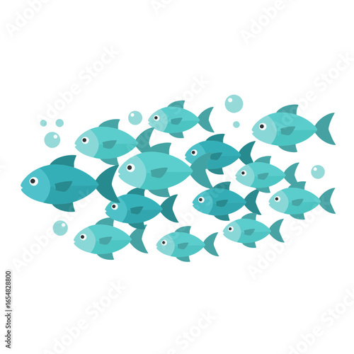Illustrative concept of a vibrant school of fish demonstrating synchronized teamwork and aquatic leadership in harmony.
