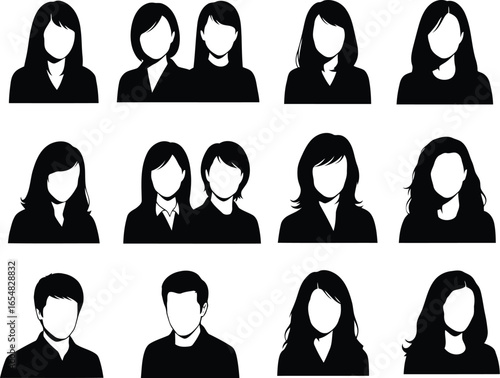 Vector art of set of diverse silhouette head profiles, isolated on white background