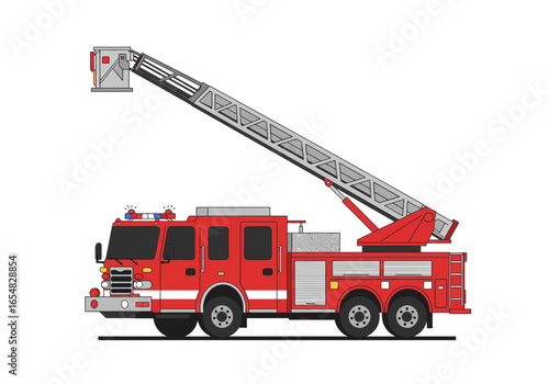 Red Fire Truck with Extended Aerial Ladder.