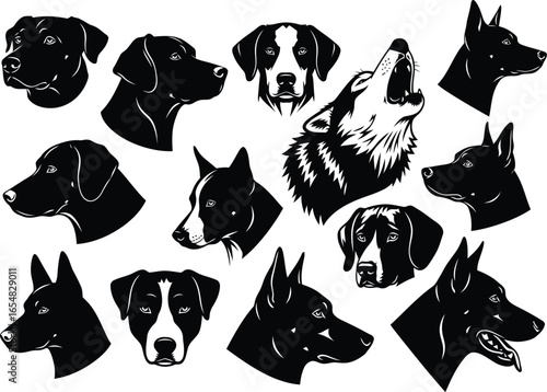 Vector art of collection of dog heads and a wolf head, isolated on white background