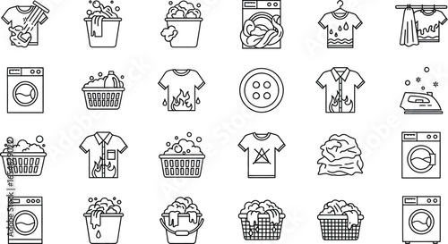Clean clothes, laundry icons, washing machine, ironing, and fabric care symbols