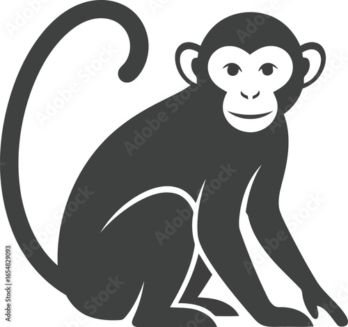 Vector art of stylized black silhouette of a monkey sitting on a white background, isolated on white background