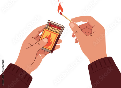 Human hands lighting matchstick with matchbox vector illustration in flat style 