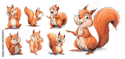 Red squirrel sketches. Squirrels hand drawn poses for child art school lessons, funny forest orange animal with fluffy tail pencil drawing watercolor painting vector illustration