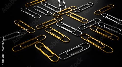 Elegant gold and silver paperclips artfully scattered on a sleek black background for sophisticated office organization.