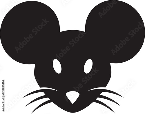 Vector art of black silhouette of a cute mouse face with big ears, isolated on white background