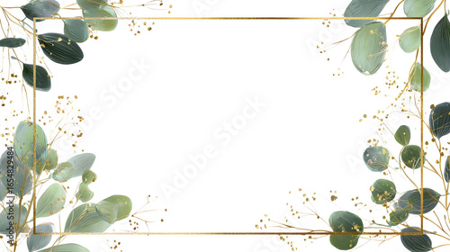 Eucalyptus and gold frame border, isolated on transparent background