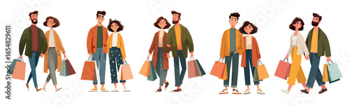 Shopaholic couple. Fashion woman man with shopping bags, mall consumer shopping time weekend guy girlfriend wife husband family buyers cartoon characters set vector illustration
