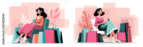 Shopaholic woman concept. Fashion lady sit on chair in mall hall with lots of shopping bags, pile purchase in clothes store girl shopper shopaholism consumerism vector illustration