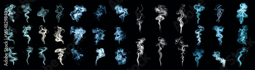 Smokes in darkness. Smoke steam set, swirl fog dust gas smell hot drink tea coffee food cigarette fume png vapour puff in black background cartoon realistic vector illustration