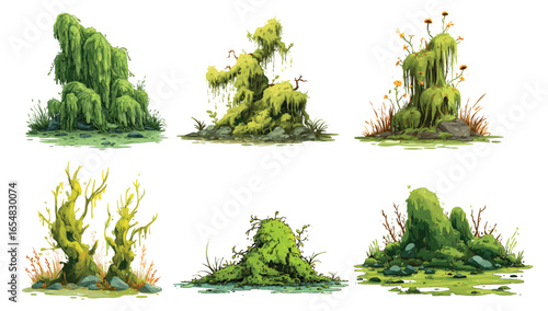 Swamp moss plants. Fungus plant on wooden stumps, lichen green marsh vegetation isolated game assets set mossy trees log stones forest jungle grass cartoon vector illustration