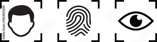 Set of biometric authentication icons including face recognition, fingerprint scan, and eye identification. Simple black and white symbol design for security, technology, and digital identity concepts