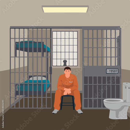 Illustration of a prisoner in orange jumpsuit sitting in a jail cell with bunk beds and a toilet fixture