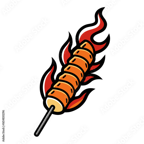 Delicious grilled sausage on a stick engulfed in flames, a perfect culinary illustration for food, restaurant, and menu designs that will make your project sizzle