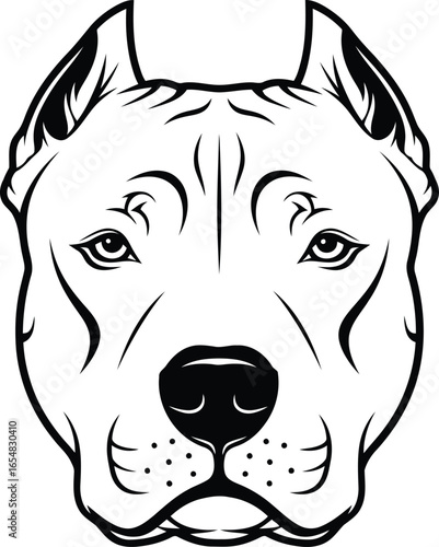 Vector art of black and white outline drawing of a pitbull dogs head, isolated on a white background