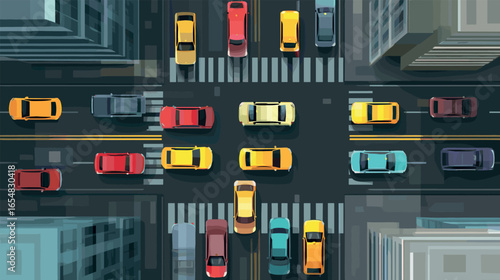 Traffic top view. Cars on city street road above aerial, crossroad pedestrian crosswalk district buildings and passenger auto town transport background cartoon vector illustration