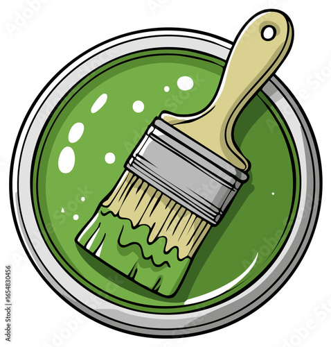 Cartoon style vector illustration of a paintbrush dipped in an open can of green paint top down view