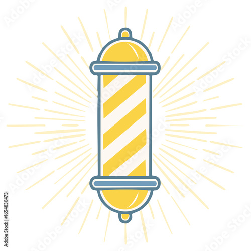 Classic barber pole illustration with yellow and white stripes and radiating sunburst symbol for traditional hair salon
