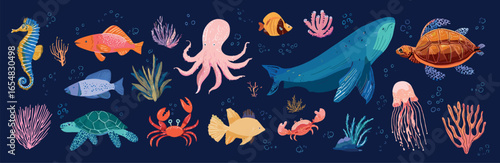 Underwater creatures. Undersea animals, marine under sea water life cute turtle tropical fish octopus whale jellyfish crab with seaweed corals reefs set vector illustration