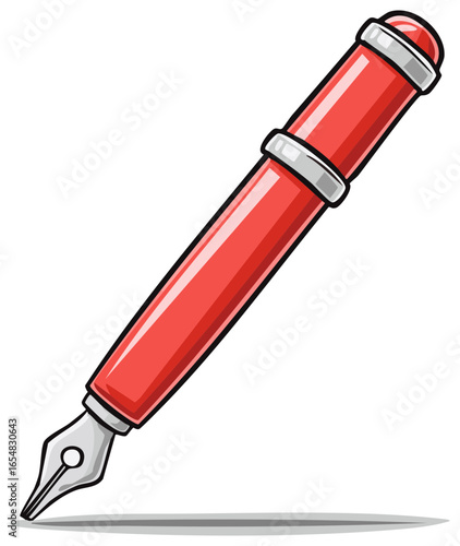 Red Fountain Pen Vector Illustration Writing Instrument Silver Nib Elegant Pen