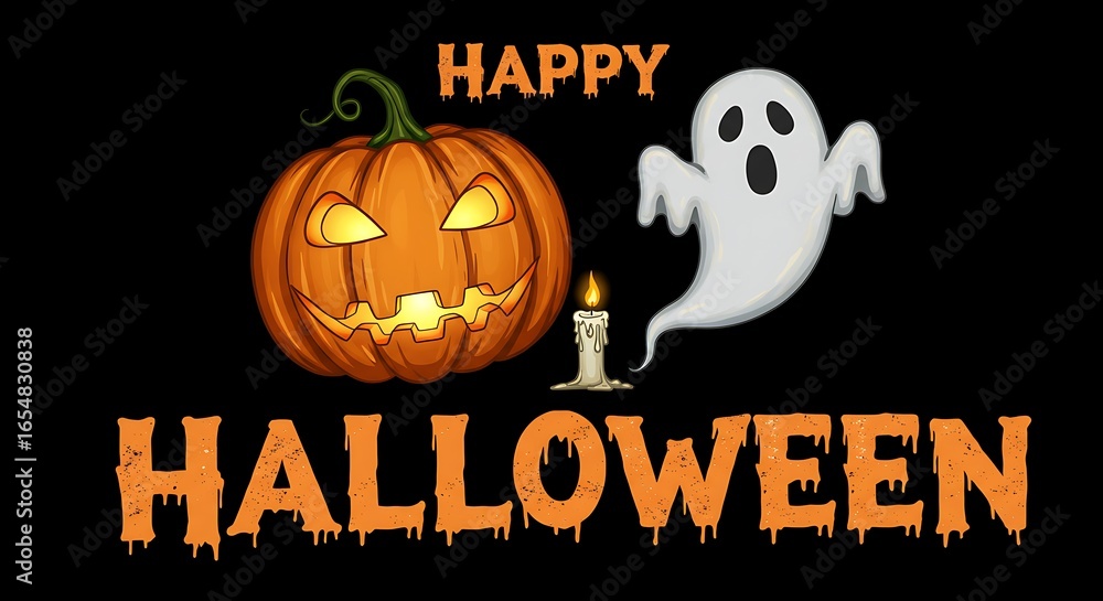 Fototapeta premium Halloween Pumpkin Ghost Candle Happy Text