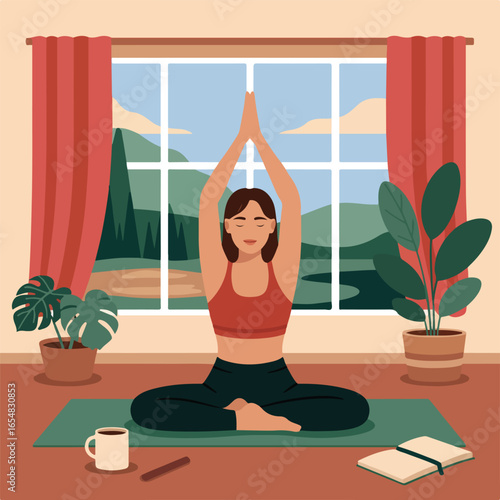Woman meditating in lotus position with arms raised in front of a window with plants and a notebook