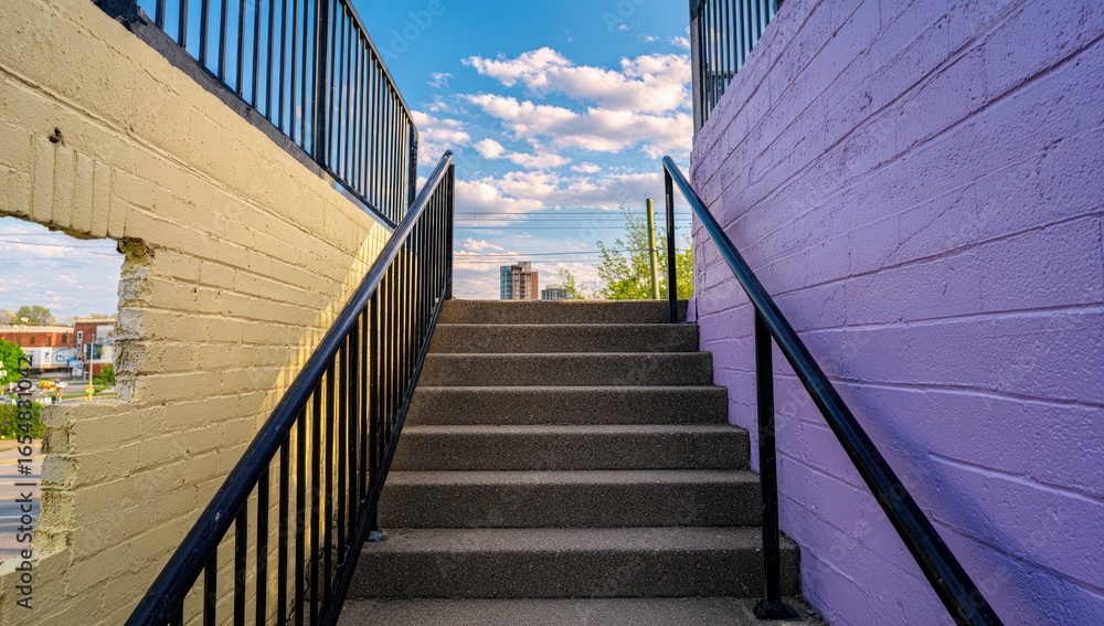 Fototapeta premium Steps between brightly colored walls lead to a clear sky