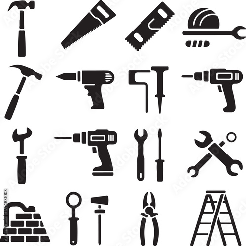 Construction and DIY tools icons including hammers drills and ladders vector illustration