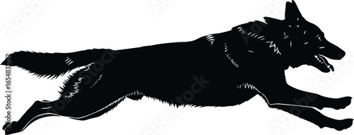 Vector art of black silhouette of a running dog or wolf isolated on a white background, capturing motion and speed