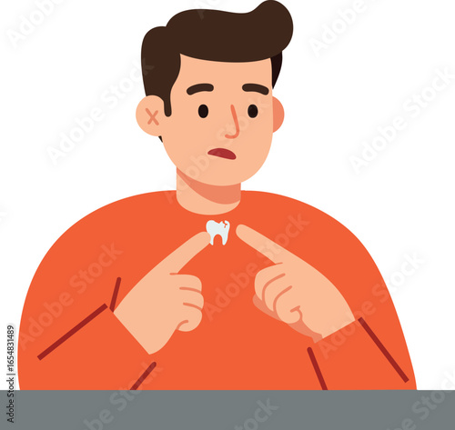 Young man with toothache pointing at painful tooth in red shirt vector illustration