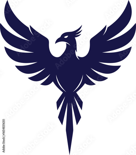 Vector art of mythical phoenix bird with spread wings, dark blue silhouette, isolated on white background