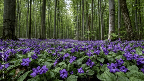 Lush forest floor blanketed in vibrant purple wildflowers