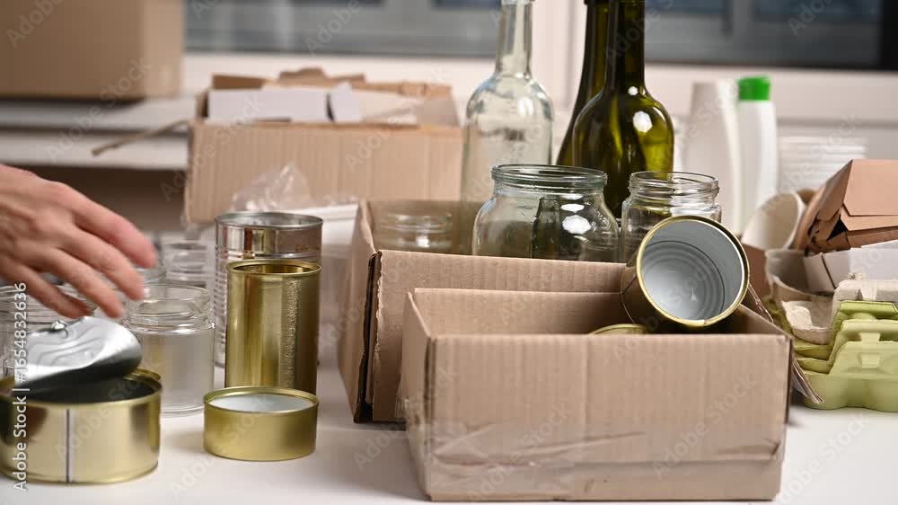 Female hands separate used glass cans and tin cans into cardboard box ...