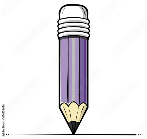 Stylized cartoon illustration of a purple pencil with eraser drawing a straight line