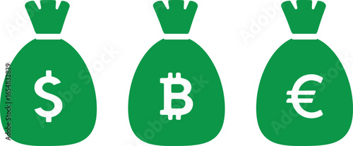 Green money bag icons with dollar, bitcoin, and euro symbols. Flat vector design representing finance, savings, cryptocurrency, investment, and global economy concepts.