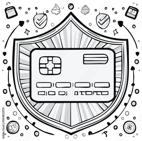 Financial Security and Payment Protection Doodle with Credit Card Shield