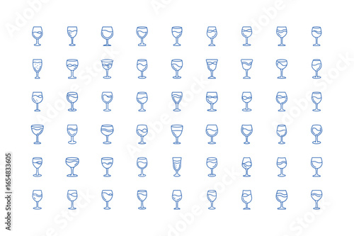 Vector art of set of handdrawn wine glass icons, isolated, featuring different shapes and sizes of stemware, ideal for beverage, bar, and celebration themes