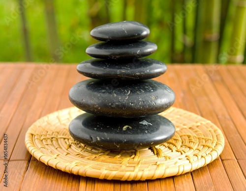 Stacked dark stones on a woven tray, bamboo background
