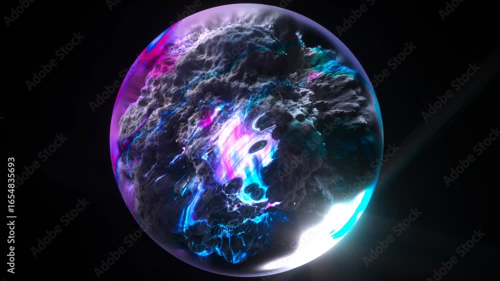 3d render of abstract art video animation with surreal mineral geology ball stone object ocean or asteroid in organic forms in deformation process in the dark in neon glowing blue, purple mix color