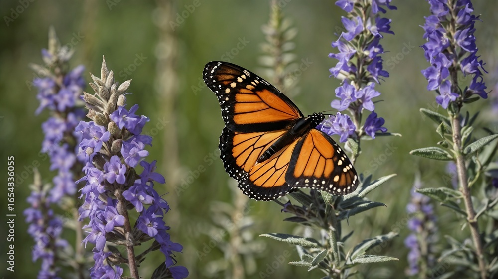 Naklejka premium Brown Wings, Purple Blossoms: A Garden Story