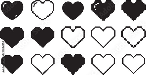Assortment of Pixelated and Smooth Heart Shapes in Black and White love pixel heart