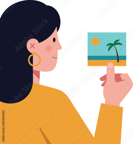 Woman holding tropical beach photo with palm tree and sunset in minimalist vector style 