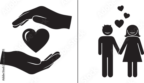 Hands Cupping Heart Symbol and Couple with Hearts Icons love people