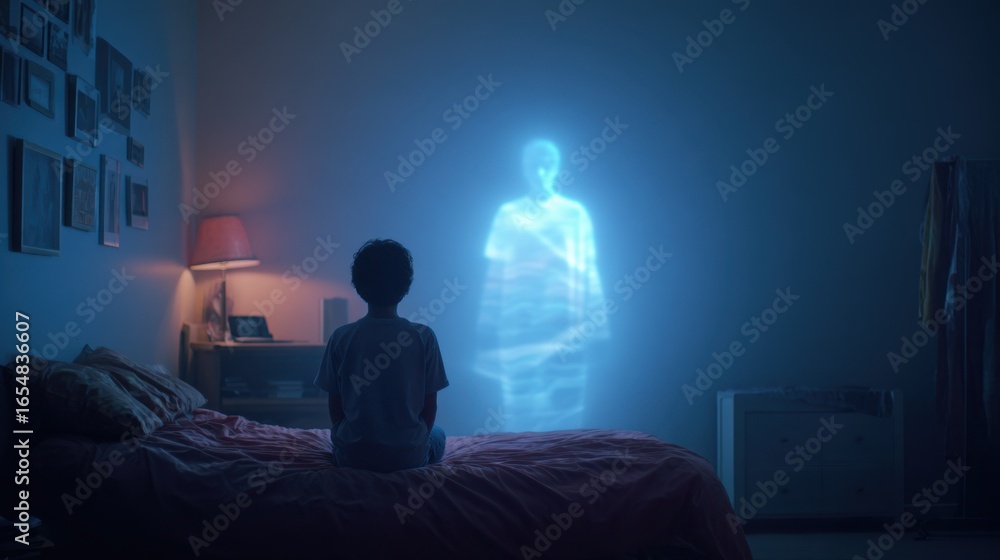 Fototapeta premium Teens bedroom with a clear projection of a telepsychiatry avatar on the wall the figure glowing gently and the rest of the room dim and out of focus.