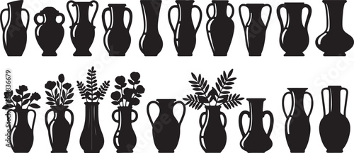 Silhouette Collection of Ancient Greek Amphorae and Vases with Floral Arrangements