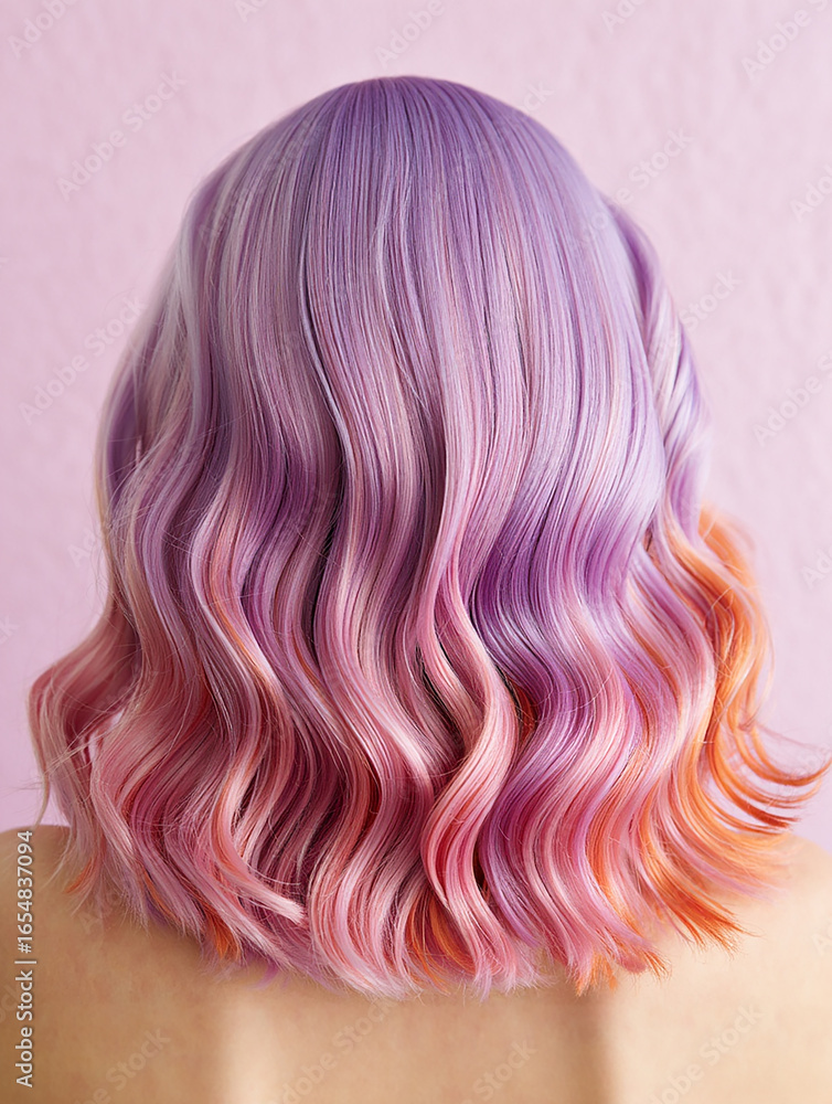 Naklejka premium Vibrant Wavy Hair with Purple, Pink, and Orange Highlights A Stunning Rainbow Hairstyle