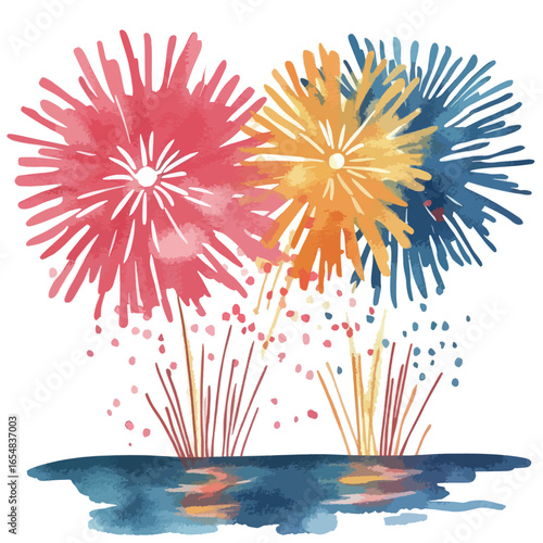 Watercolor Fireworks Displayed Over a Calm Reflective Body of Water
