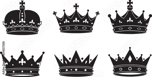 Collection of Six Black Silhouettes of Royal Crowns with Ornate Details king queen