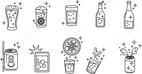 Sparkling drinks and beverages icons for refreshing refreshment